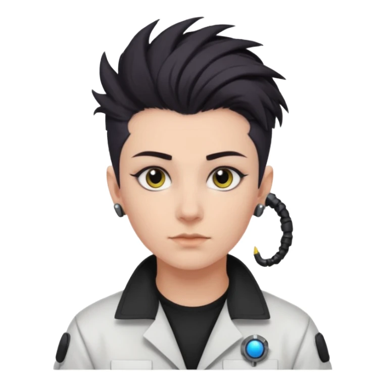 nonbinary space scientist with dark hawk hair and shaved sides, black bridge piercing and ear plugs sticker
