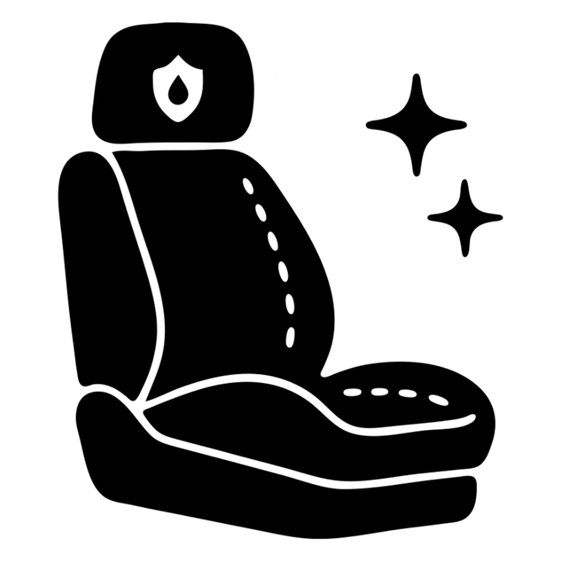 solid icon of a premium matte black car seat with a small droplet or shield on the headrest, subtle elegant stitching, extra shine and sparkles, minimal and elegant sticker