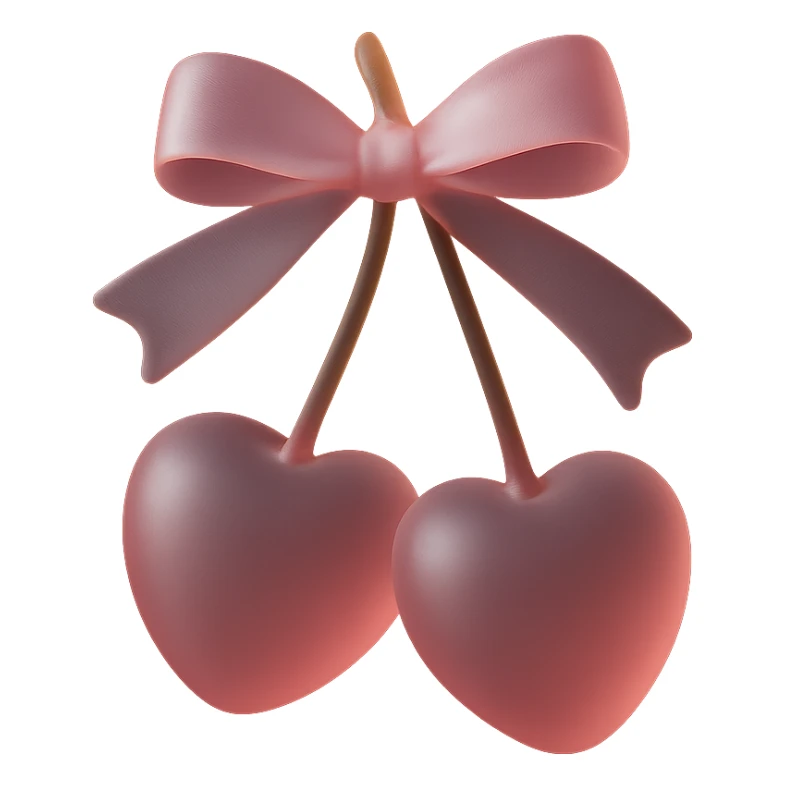 3D iOS-style illustration of two pink cherries with a pink bow, glossy and realistic, soft lighting, no background, in matte glass style. sticker