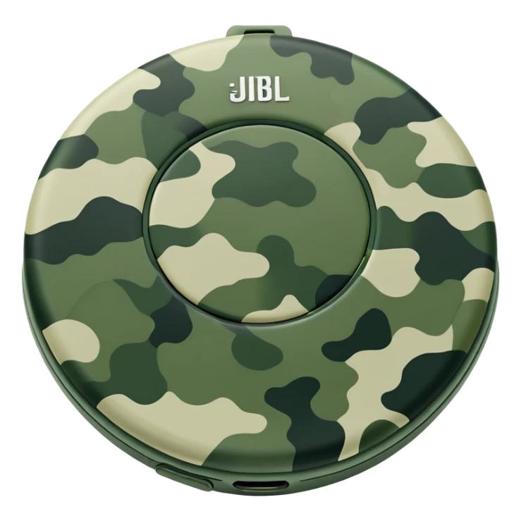 Most minimal JBL Clip 4 possible, flat circular design with clip, abstract green camo pattern, distinct JBL branding, iOS emoji style sticker