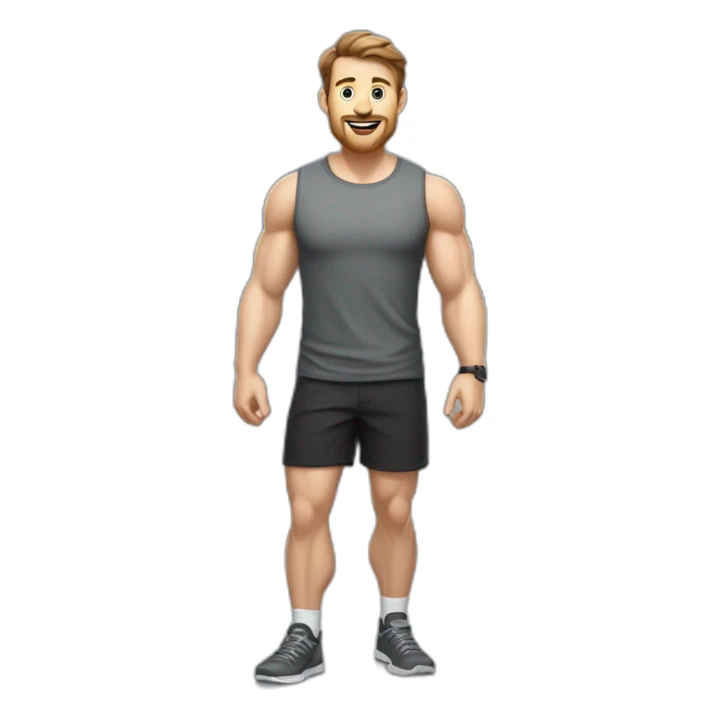 Full height realistic Actively gesturing with hands Pale skinned Fit Man With the biceps and brown hair in dark gray Sleeveless Mike, black oversize sports shorts, watch and white Sneakers sticker