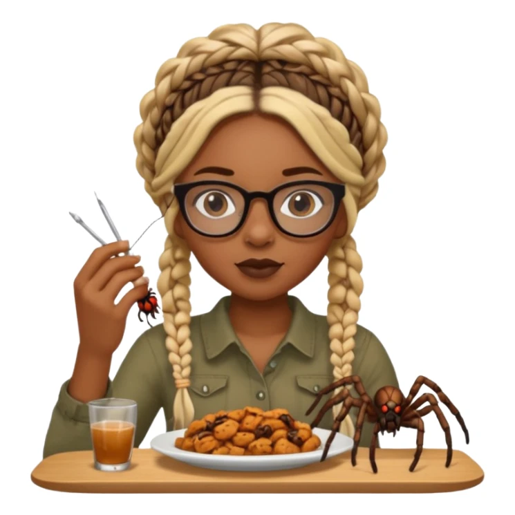 black girl with blond boho braids and clear glasses eating a spider  sticker