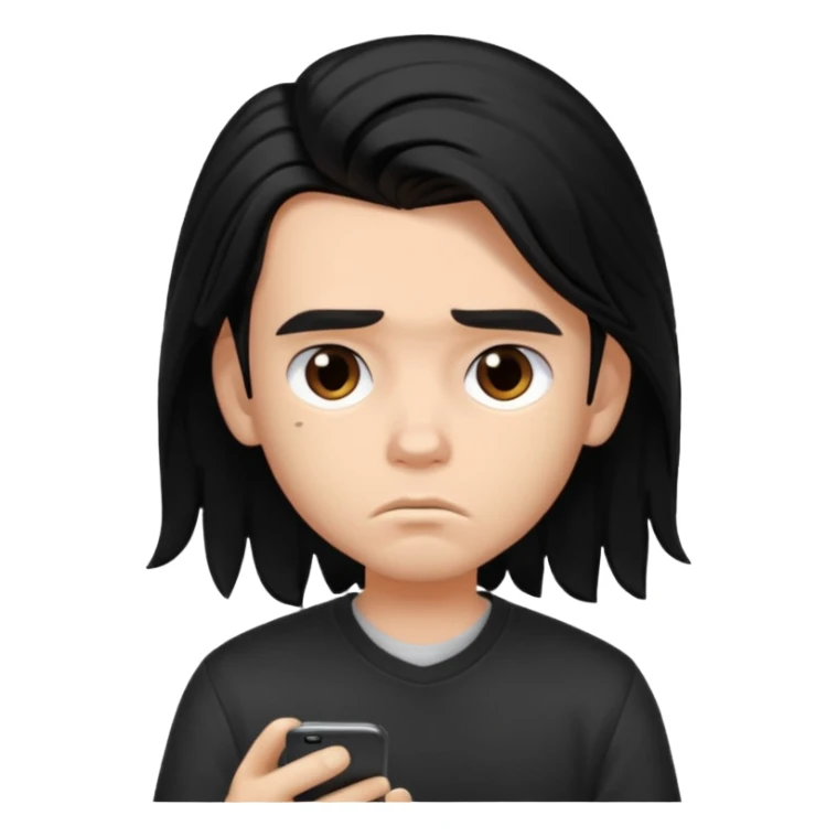 a PRETTY BRATZ boy with black long hair , using his phone and looking sad sticker