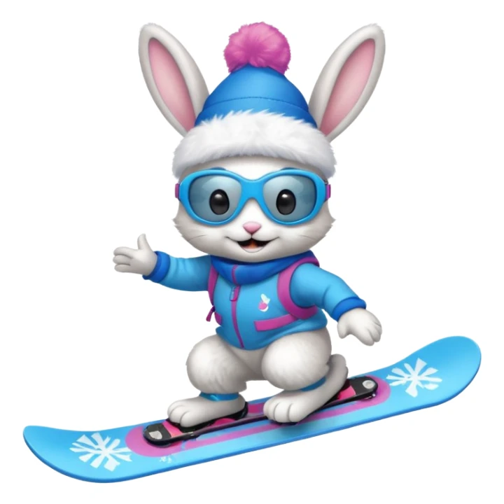 A bunny on a snowboard in blue wearing ski goggles and making party sticker