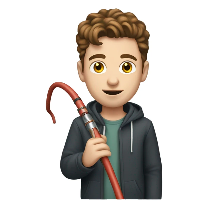 Young white man with brown hair, in hand with a hookah hose sticker