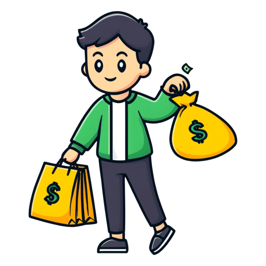 Person carrying money bag supporting a family, financial provider sticker