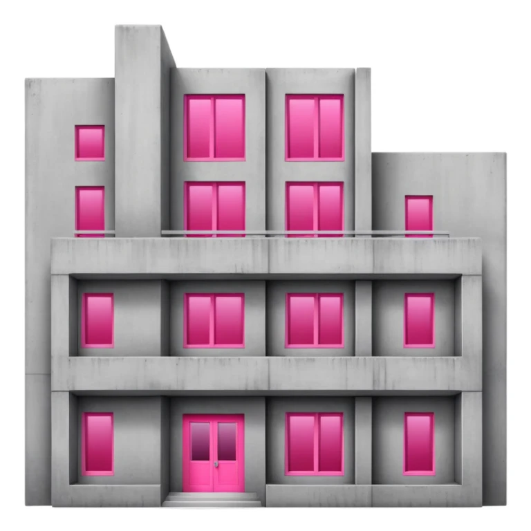 Gray concrete brutalist architecture with a single bright pink window and multiple regular windows sticker