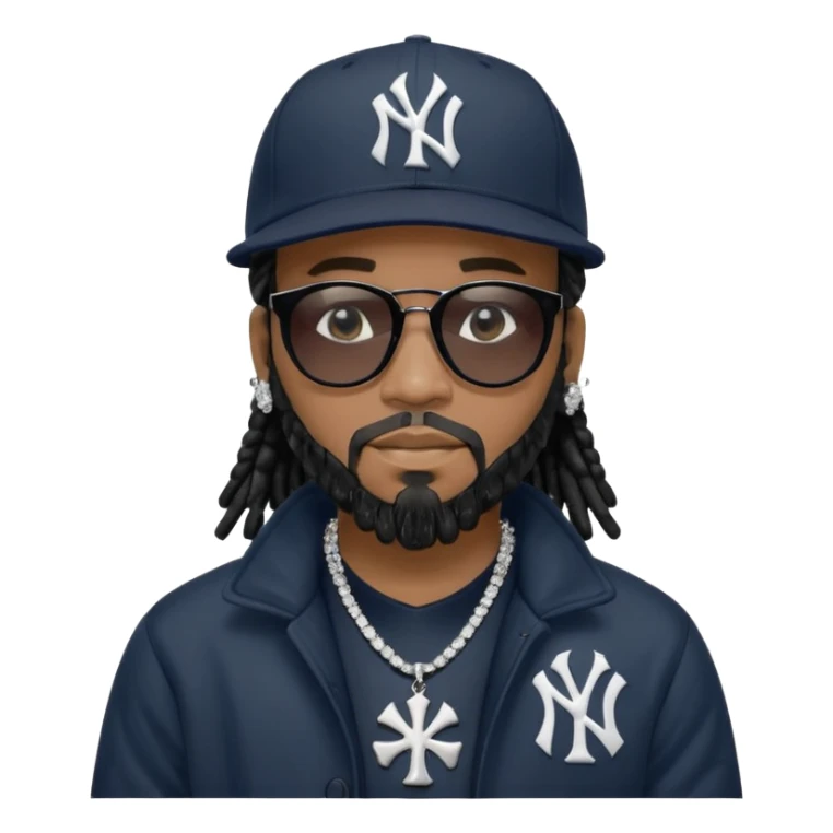 African American man with shoulder length black dreadlocks with black beard wearing black sunglasses wearing a New York Yankees logo baseball cap wearing a black bubble winter coat with diamond cross necklace on his neck sticker