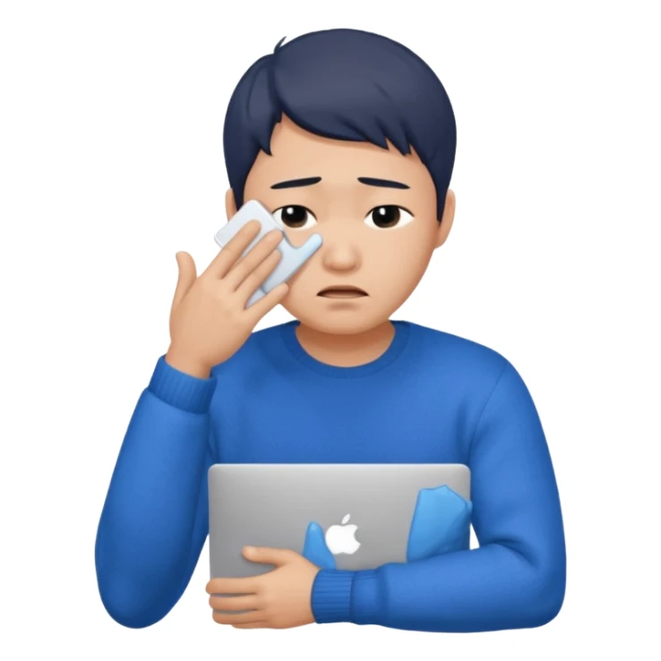 a crying asian handsome guy wearing a blue knit with white shirt, facepalming with only one hand, with a macbook, only upper body, high quality.  sticker