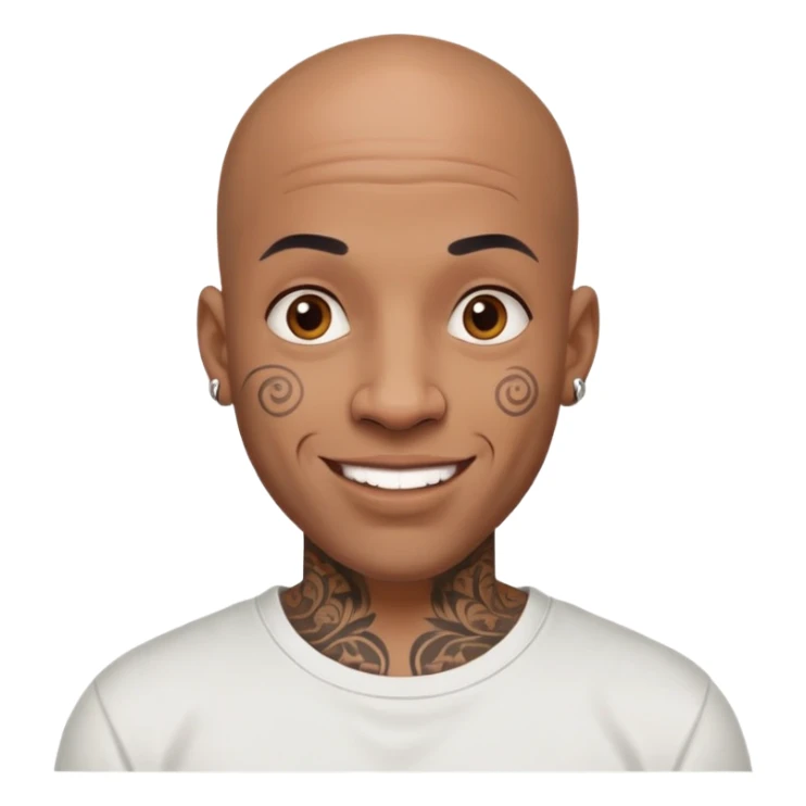 bald black man with intricate face tattoos, cheerful expression, wearing a t-shirt sticker