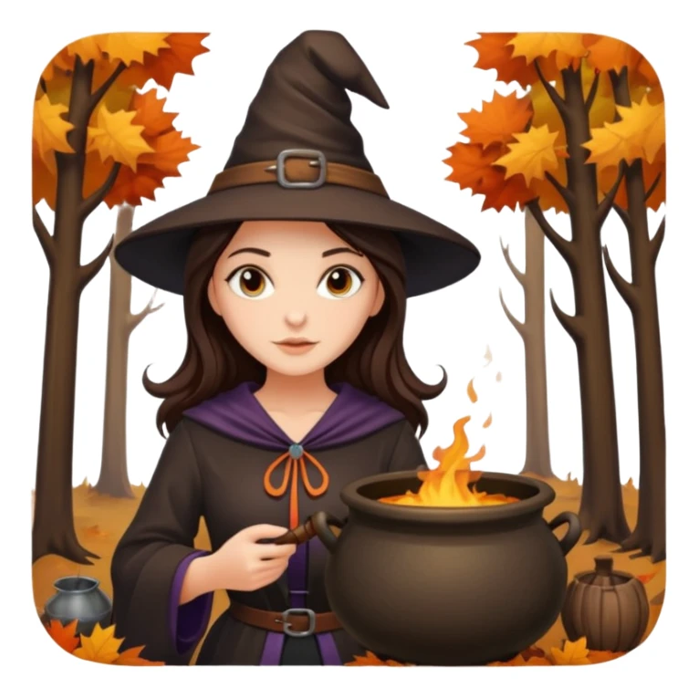 Pretty Brunette Witch in forest with trees changing colors  with cauldron during autumn  sticker