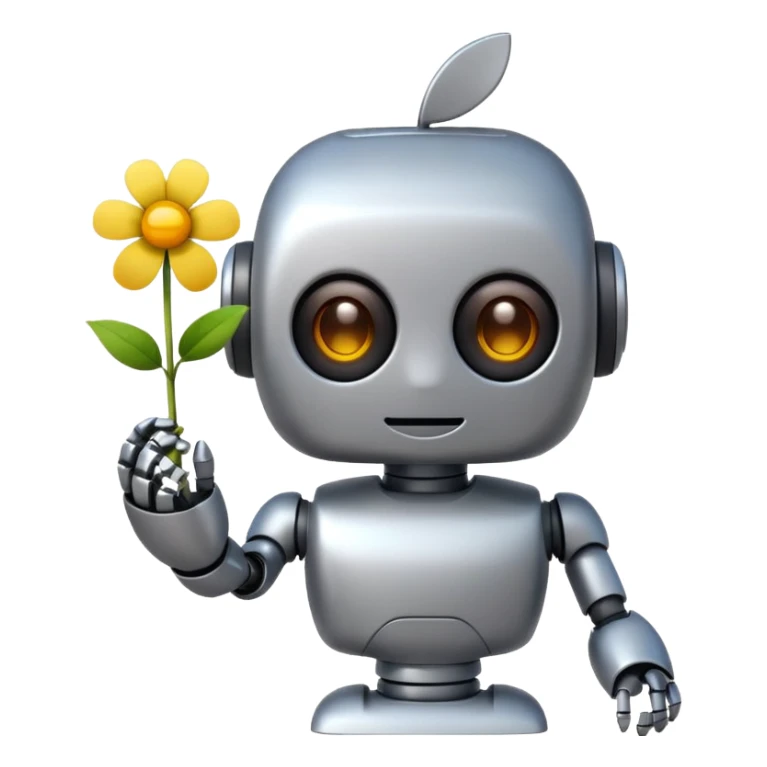cute robot holding a tiny flower, color #b0f2f8, apple emoji style sticker