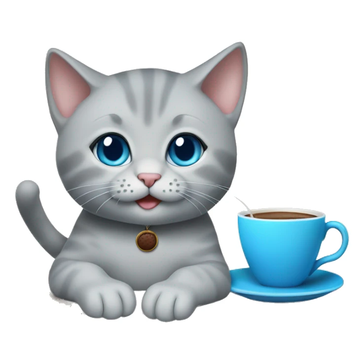 grey kitten blue eyes sitting on the table with coffee woman sticker