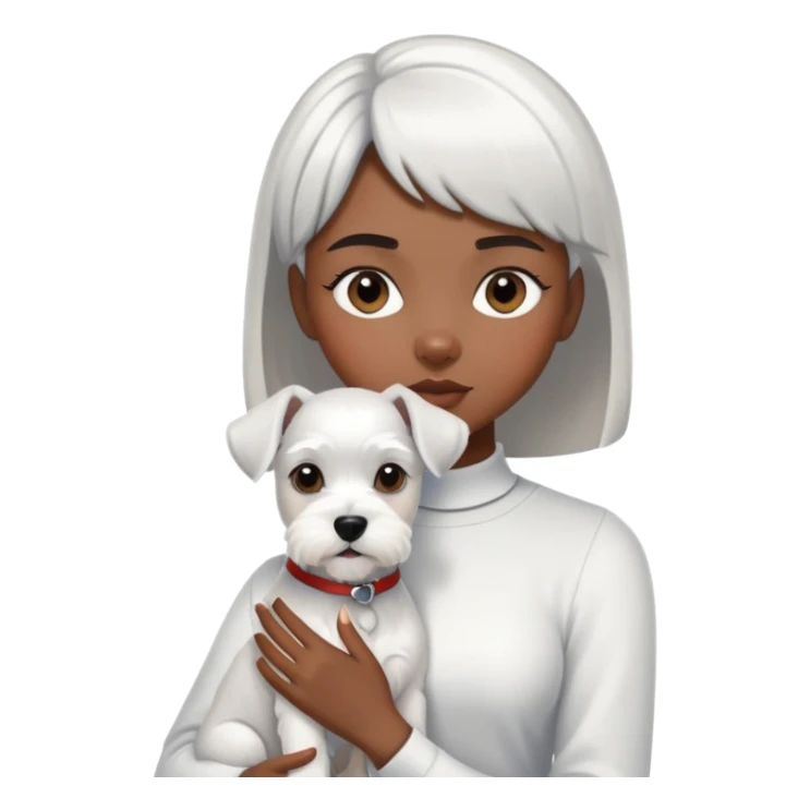 Black girl with short bangs holding a white schnauzer dog sticker