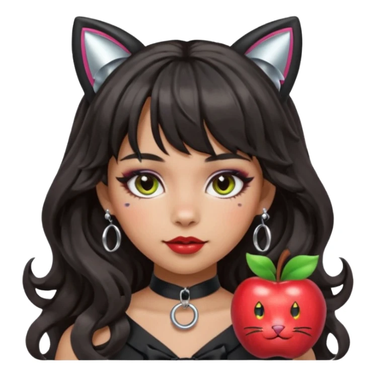 Replace the apple on the collar with a bow or a paw print. Keep the silver O-ring, bangs, bold makeup, medium Hispanic skin, long dark wavy hair, and cat ears. Maintain the apple emoji style with a transparent background. sticker