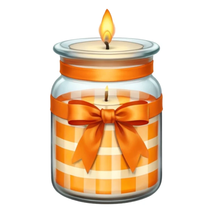 Glass jar with a candle in it and an orange checkered ribbon sticker