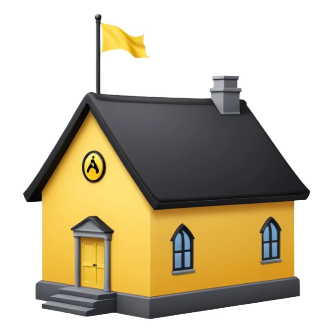 simple magic school, low detail, white background, magic school, black roof, with a big flag, big flag on a roof, big yellow flag, white school sticker