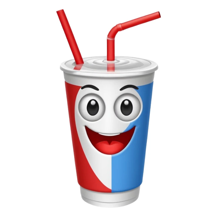 paper coke cup and straw, the cup has eyes and mouth and glassess sticker