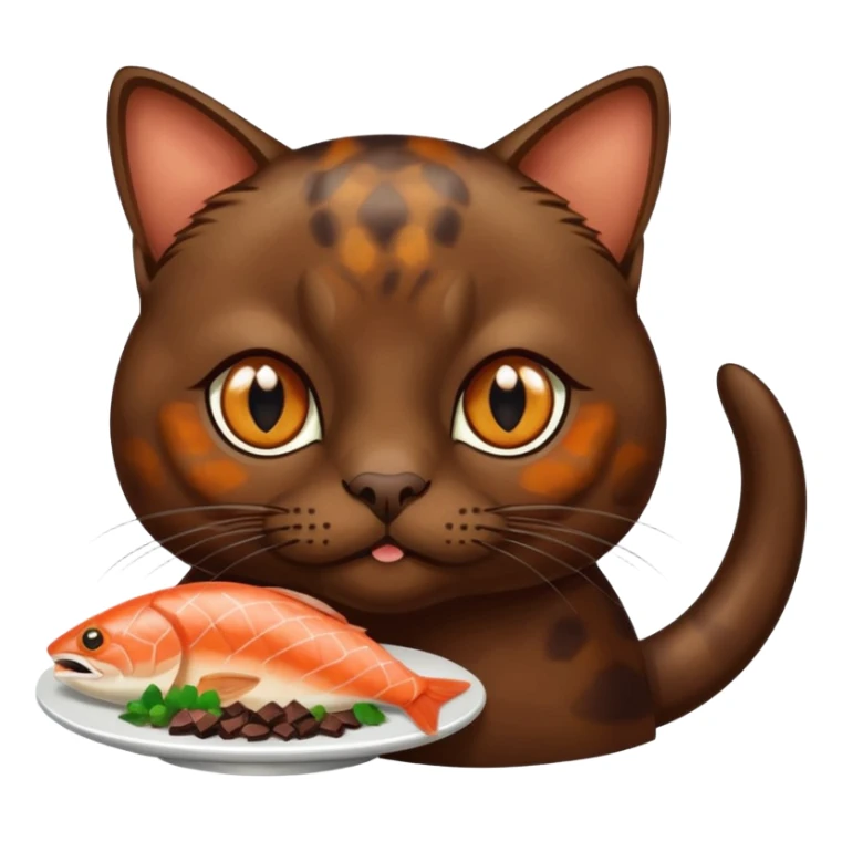dark chocolate brown burmese cat with tortoise shell fur with small patchy areas and amber eyes eating salmon sticker