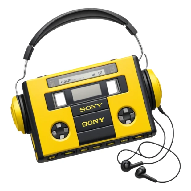 Sony Walkman cassette player from 1990s, yellow and black, with headphones sticker