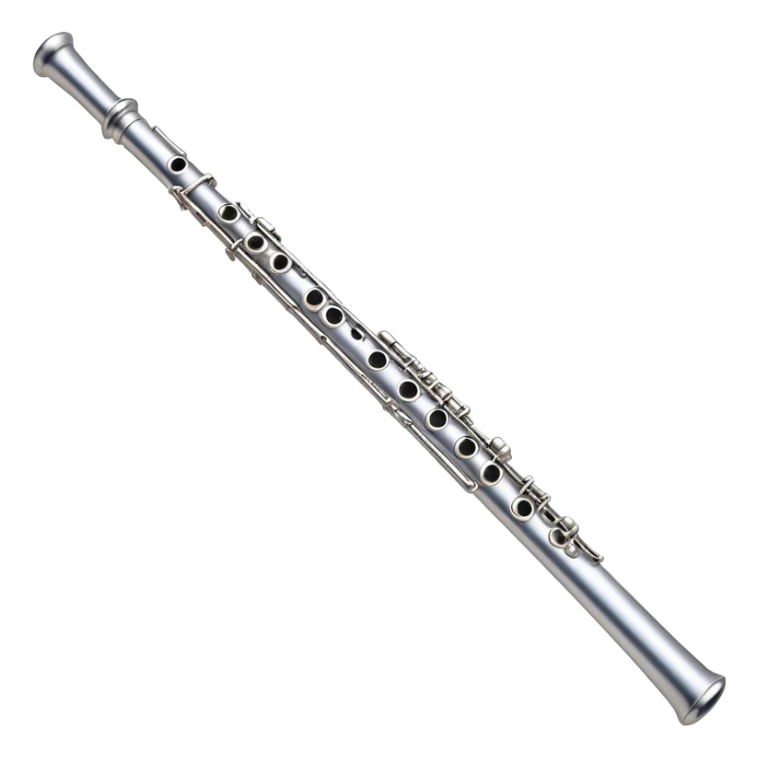 Create an elegant and refined emoji representing a classical silver flute. The design should showcase the sleek, polished silver body of the flute with its keywork and tone holes clearly visible. Highlight the smooth, straight shape of the instrument with subtle light reflections on its metal surface. The keys should be delicately detailed, with their small, round pads visible. Add a slight shine to the flute’s surface to reflect its high-quality craftsmanship. Optionally, include subtle musical notes floating around the flute to evoke its light, melodic sound. The background should be transparent. sticker