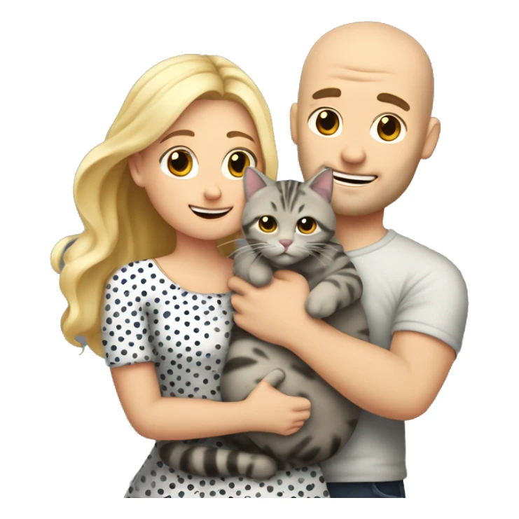 3 objects - a beautiful blonde with long hair and a polka-dotted sundress, a bald handsome man in a rock T-shirt and a fat gray cat with black spots. The man hugs the blonde and holds the cat in his hands sticker