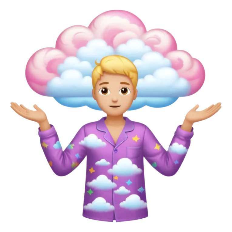 person in pajamas, arms open, vibrant swirling dream cloud overhead sticker