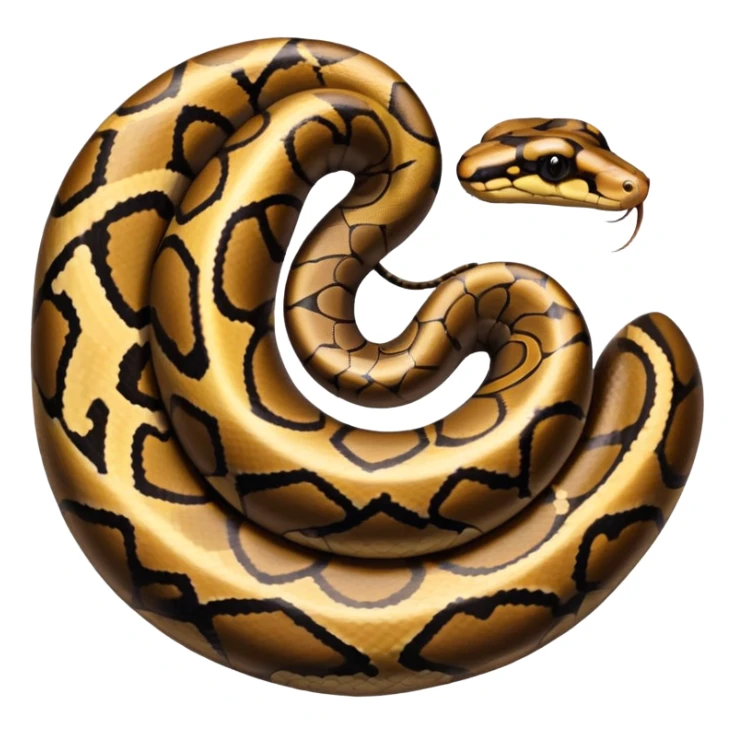 A photo-realistic top-down view of a Ball Python gently coiled into a tight spiral, with its head resting peacefully at the center. The pattern flows smoothly around the curves of its body, emphasizing its natural camouflage and calm demeanor. sticker