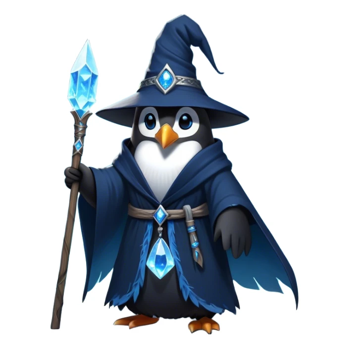 A mysterious penguin mage with sleek midnight-blue feathers, wearing a flowing black robe adorned with silver runes. A tall, pointed wizard hat sits slightly tilted on his head, the brim casting a shadow over his glowing icy-blue eyes. His flipper clutches an ancient wooden staff topped with a swirling crystal, radiating a soft, cold light. Snowflakes drift around him as he stands on a frozen cliff, his aura crackling with arcane energy, ready to summon a blizzard with a flick of his staff. sticker