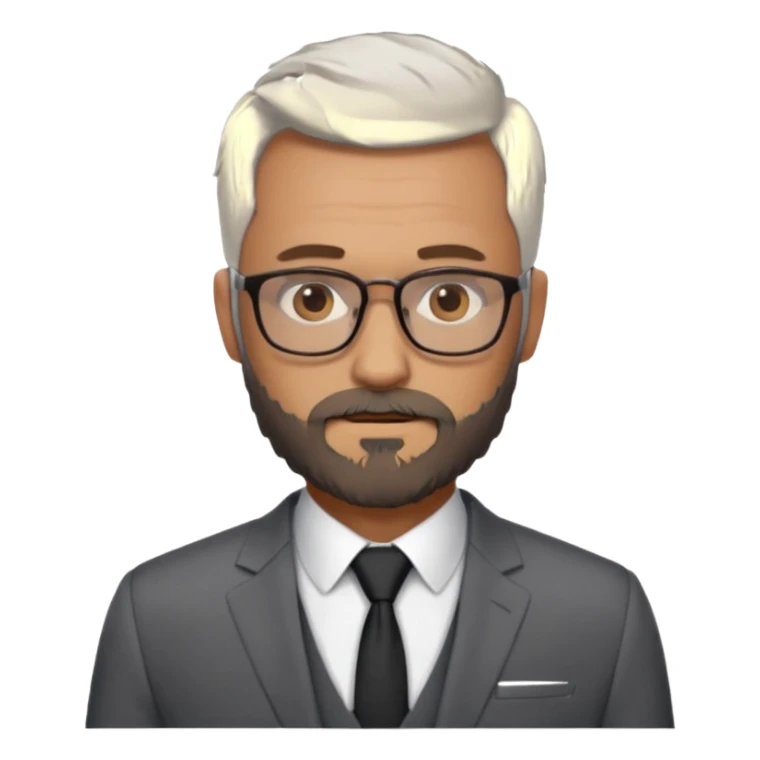 Create a figure that reflects an experienced entrepenurr but who has professional and elegant clothing, shaved hair, light grey glasses, brown eyes and an unkempt beard sticker