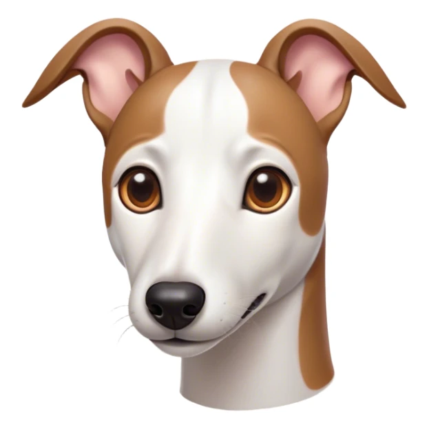 Cinematic Cute White and Brown Greyhound Portrait Emoji, Head tilted playfully and inquisitively, featuring a smooth white Fur with vibrant brown accents and round, sparkling eyes filled with curiosity, Simplified yet irresistibly adorable features, highly detailed, glowing with a warm, friendly glow, high shine, affectionate and nimble, stylized with a touch of whimsy, bright and endearing, soft glowing outline, capturing the essence of a mischievous yet loving racer, so playful it feels like it could sprint out of the screen and into your arms! sticker