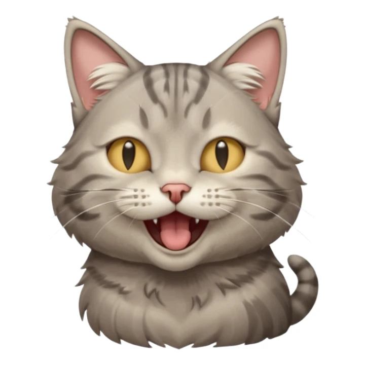 A high-resolution photo-realistic digital illustration of a solid grey tabby cat, eyes closed, head titled up yawning sticker
