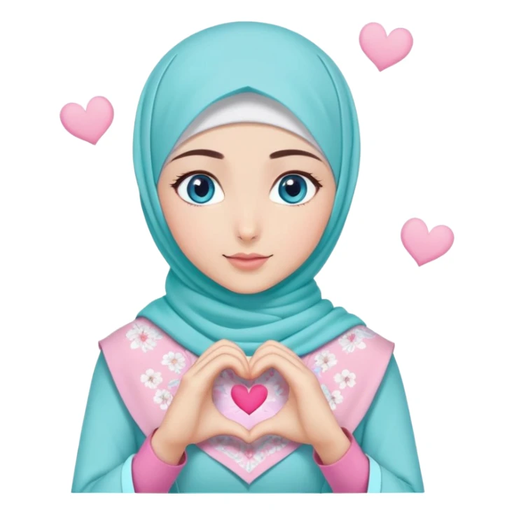 Turkish beautiful finish Konya girl blue eyes with light turquoise sakura and pink hijab islamic dress and making heart with hands and with thank you text sticker
