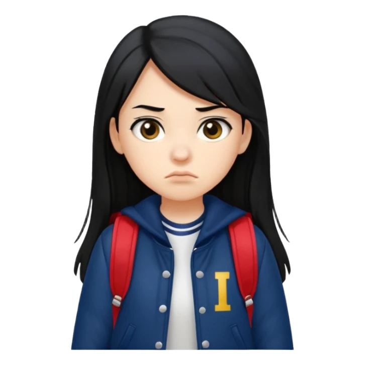 college student with annoyed face , black hair , with navy varsity jacket( initial I) and backpack , girl, long hair,  sticker