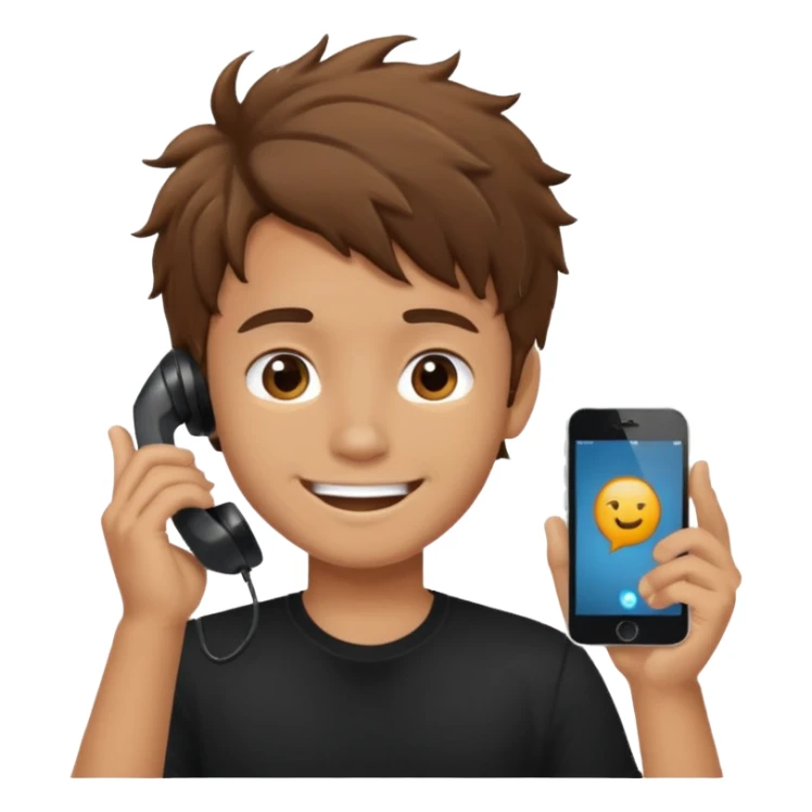 generate a pretty tan bratz boy with brown messy hair smiling while talking on call. Wearing a black tshirt sticker