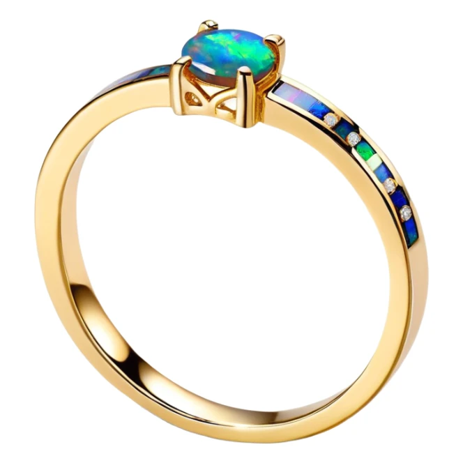 Hyperrealistic diamonds and Black opal gemstones 14k gold shimmery ring,  isolated, 3d rendering, mirco-detailed, 8k sticker