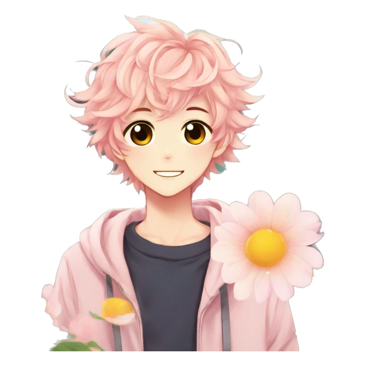 Gorgeous bright sparkly anime style shojo guy with blushing face and flowers aesthetic trending style outside sticker