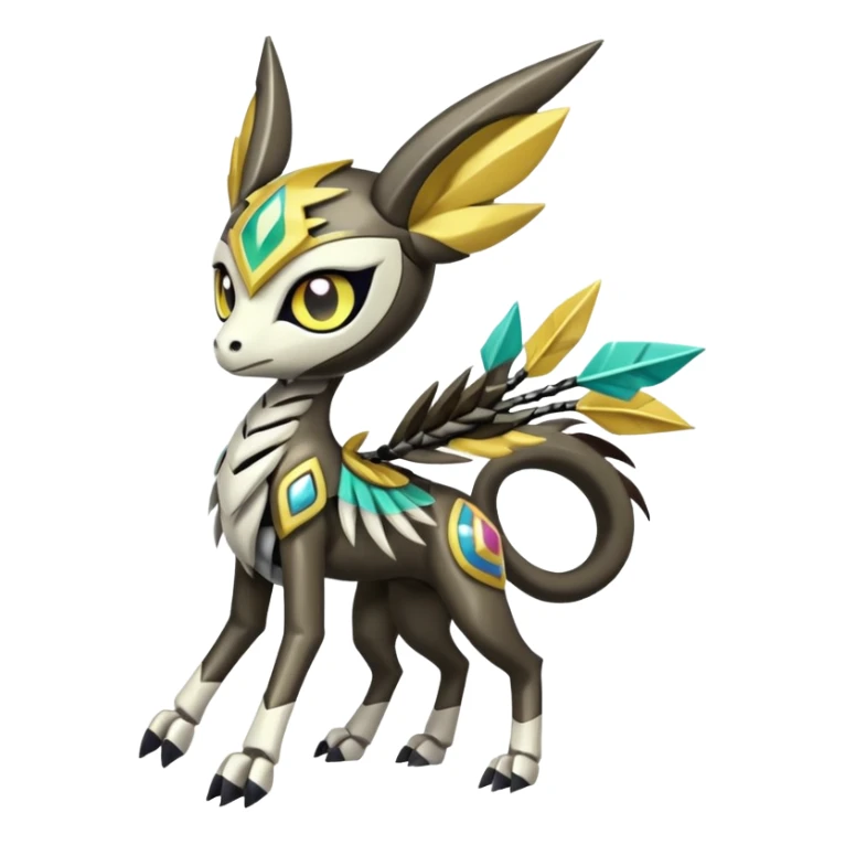 Arrow-patterned chevron-marked Cute Big-eyed anime-styled Colorful Shiny Tribal Skeletal masked armored Meloetta-Silvally-Solgaleo-Raikou-Pokémon-Digimon-Fakémon-fusion-hybrid-creature, full body sticker