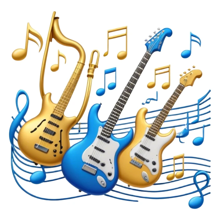 Create an elegant and dynamic emoji that represents music arrangement and orchestration. The design should feature musical notes, a synthesizer, drums, and an electric guitar, symbolizing the diverse instruments used in arranging and orchestrating music. Incorporate flowing lines to represent harmony and rhythm, with a subtle representation of sheet music. Use a combination of vibrant and classic colors like electric blue, gold, and silver, blending the electronic and traditional aspects of arrangement. The background should be transparent. sticker