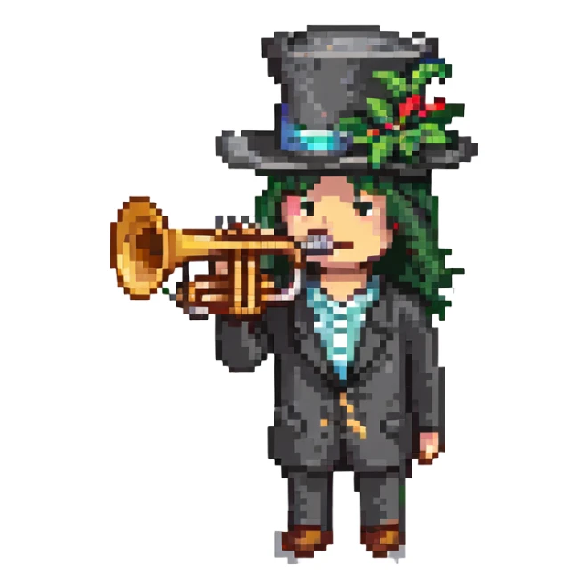 character with a black hat and a trumpet sticker