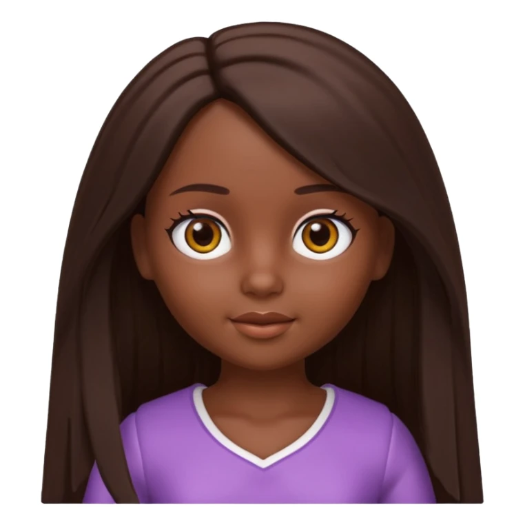 Boneca digital em estilo 3D realista e fofo, semelhante a uma boneca colecionável. Mulher jovem com pele negra, olhos castanhos escuros, cabelo liso cor chocolate, longo e bem alinhado.  sticker