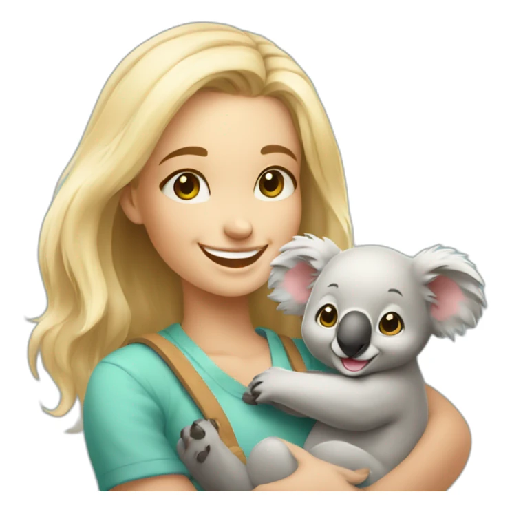 Cute happy smiling blonde girl warm holding cute koala sticker