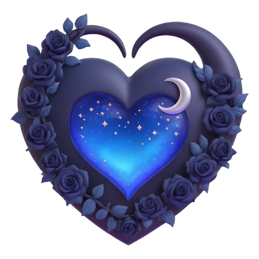 3D emoji gothic heart, midnight blue glass, silver crescent moon, tiny black roses, shimmering stardust, swirling galaxy background sticker