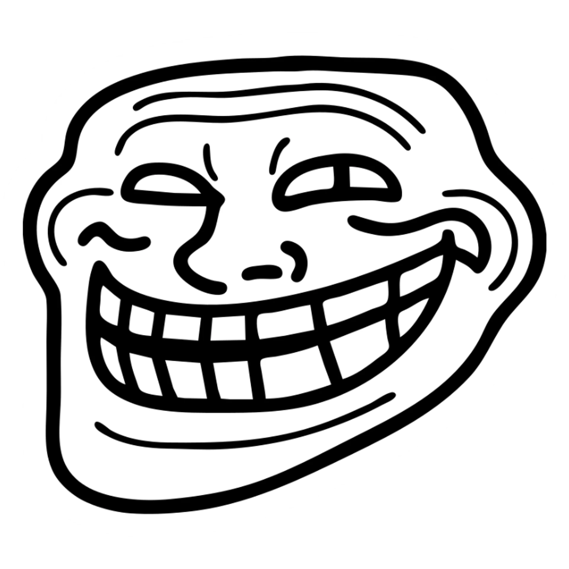 classic internet troll face, black and white, simple line art sticker