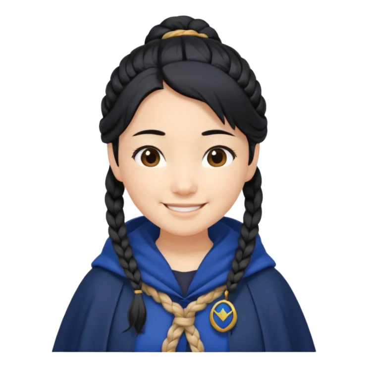 braid black hair, white asian girl, dark blue cloak, happy smile sticker