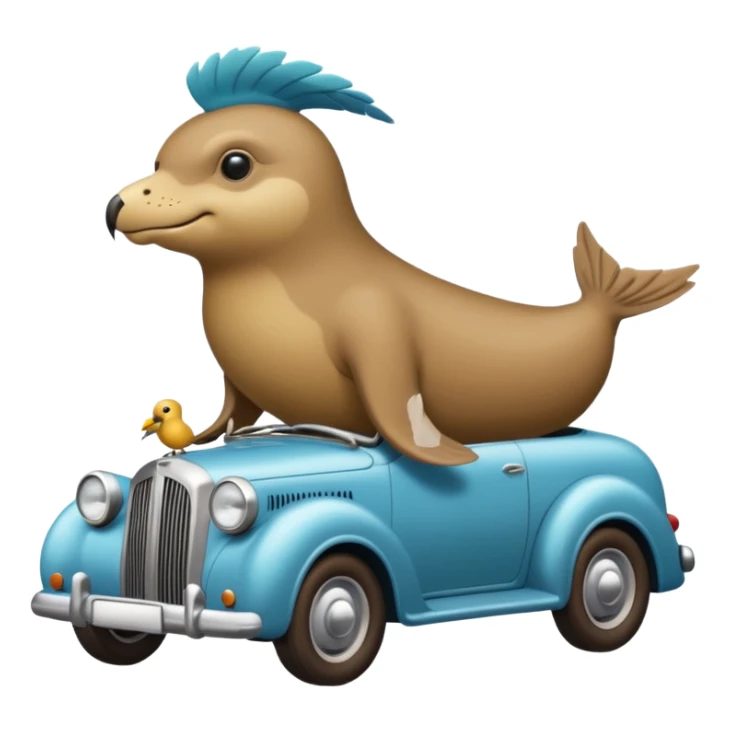 Old fashioned car with a cuckoo sea lion with a bird on his head driving sticker