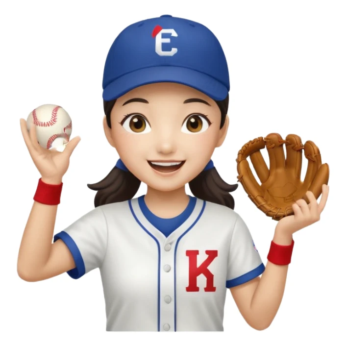 a korean girl cheering her favorite baseball team, wearing the team uniform, baseball cap, and holding baseball sticker