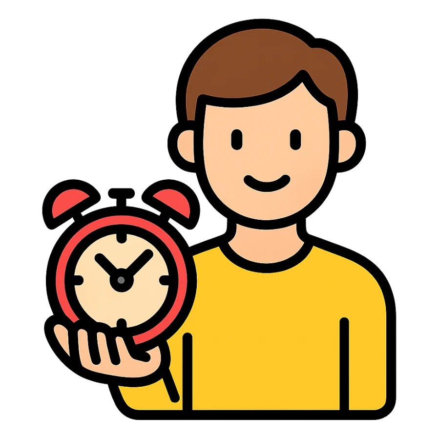 A man with brown hair holding a red alarm clock sticker