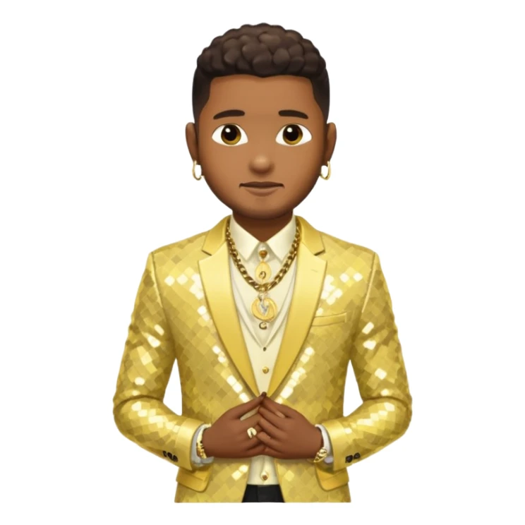 Usher with dark brown, pale yellow sequin suit jacket, shirtless with necklace sticker