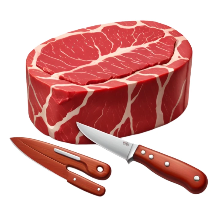 raw beef tenderloin, thick boneless cylindrical cut, rich red, clean glossy surface, fine muscle grain, minimal marbling, natural edge, soft contours, no plate, knife, garnish, background, or faces, clean 3D, soft shadows, transparent background, emoji scale sticker